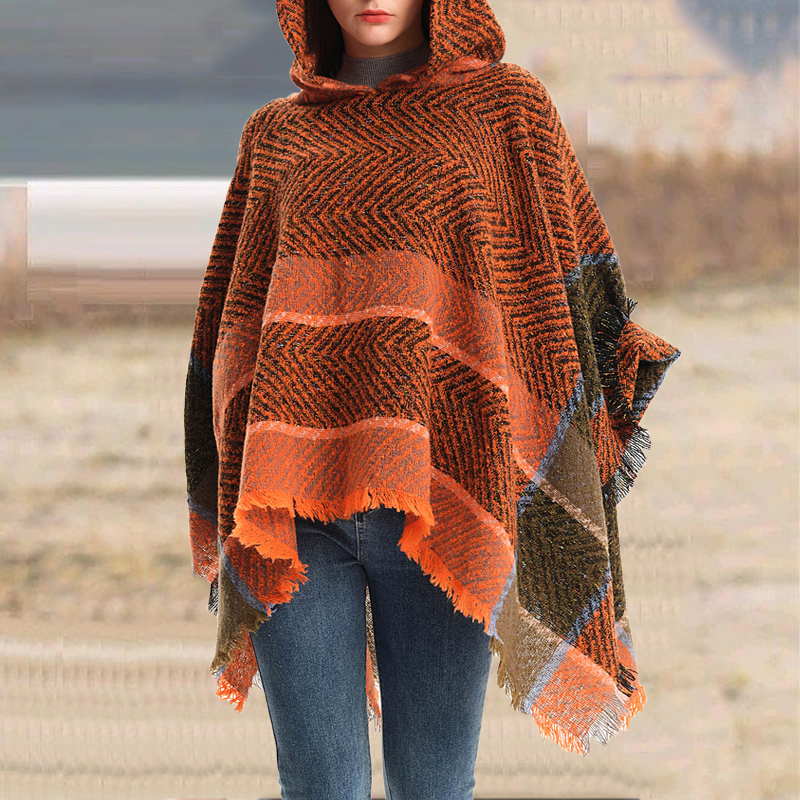 Vintage Herringbone Hooded Pullover Shawl-ABOXUN