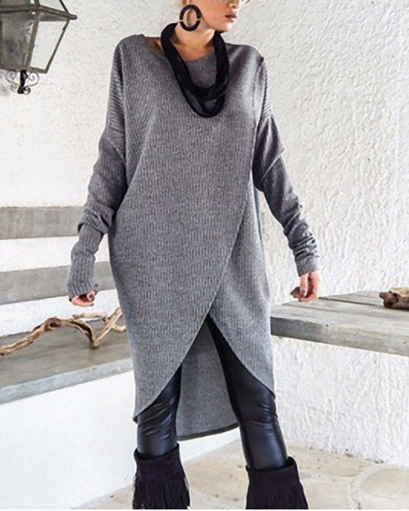 Women's loose round neck irregular loose cozy sweater dress-ABOXUN