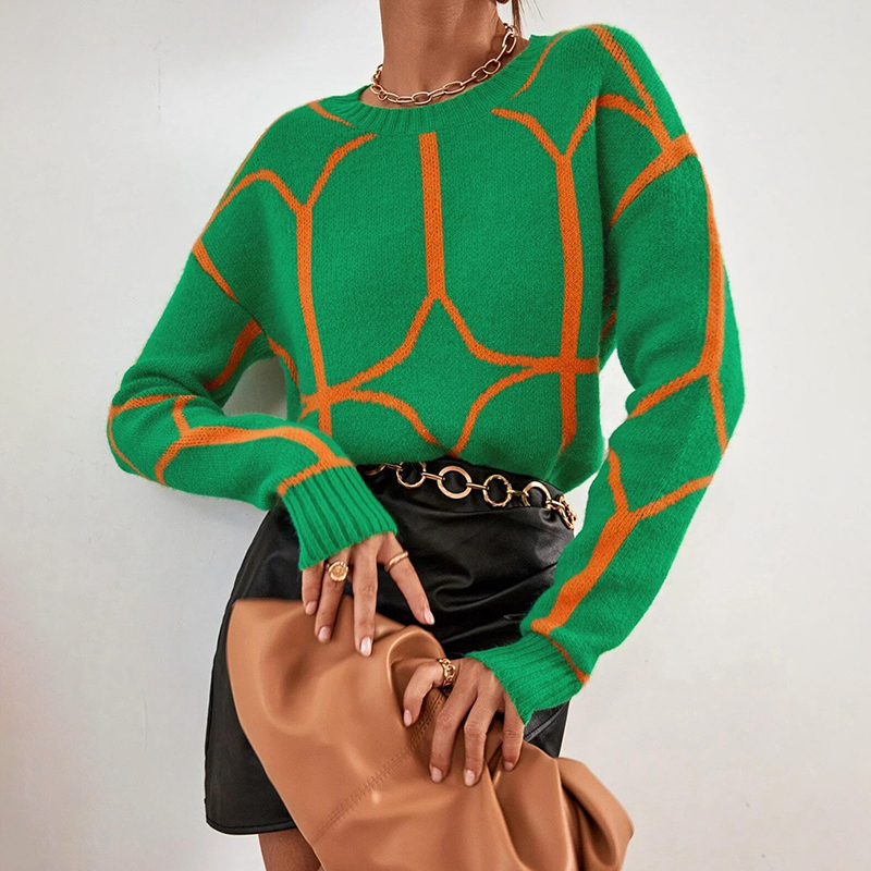 Geo Pattern Drop Shoulder Sweater-ABOXUN