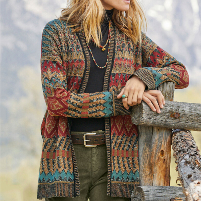 Vintage Ethnic Print Long Sleeve Sweater Cardigan-ABOXUN
