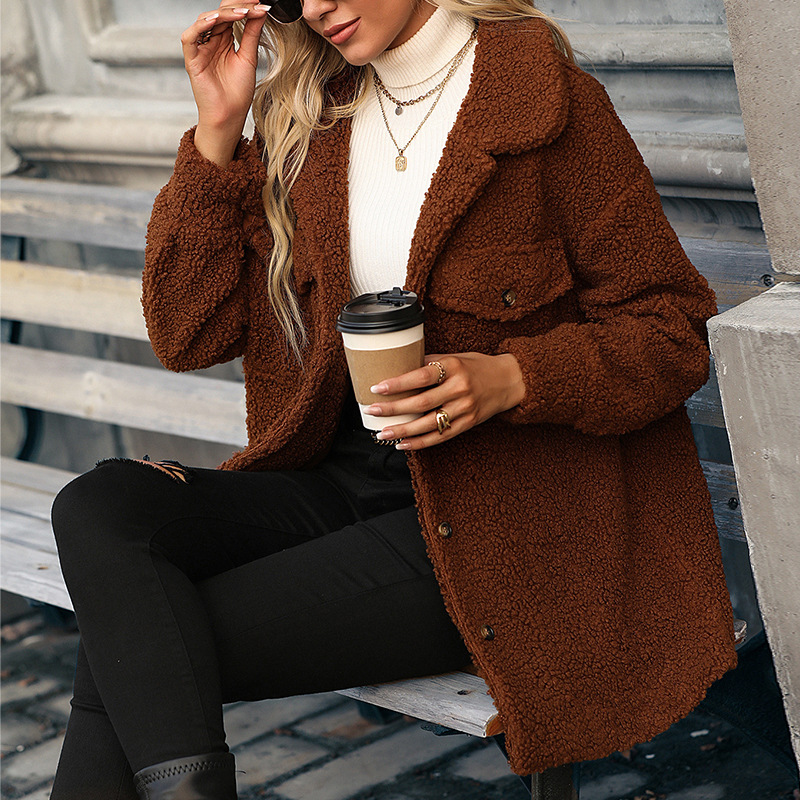 Plush Button Jacket Solid Color Warm Sweater Top-ABOXUN
