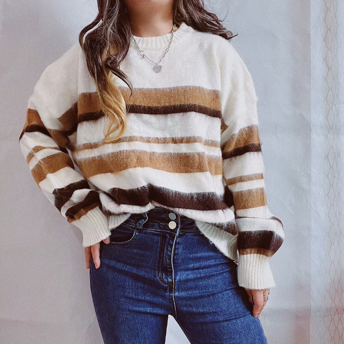 Vintage Long Sleeve Crewneck Striped Sweater-ABOXUN