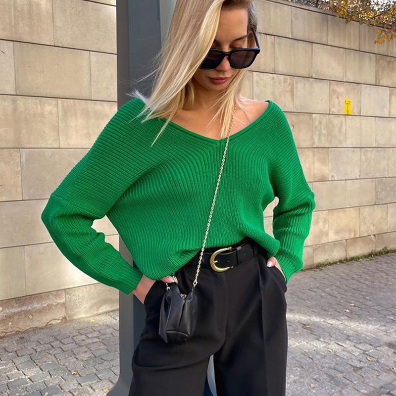 V-Neck Pullover Pit Strip Loose Sweater-ABOXUN