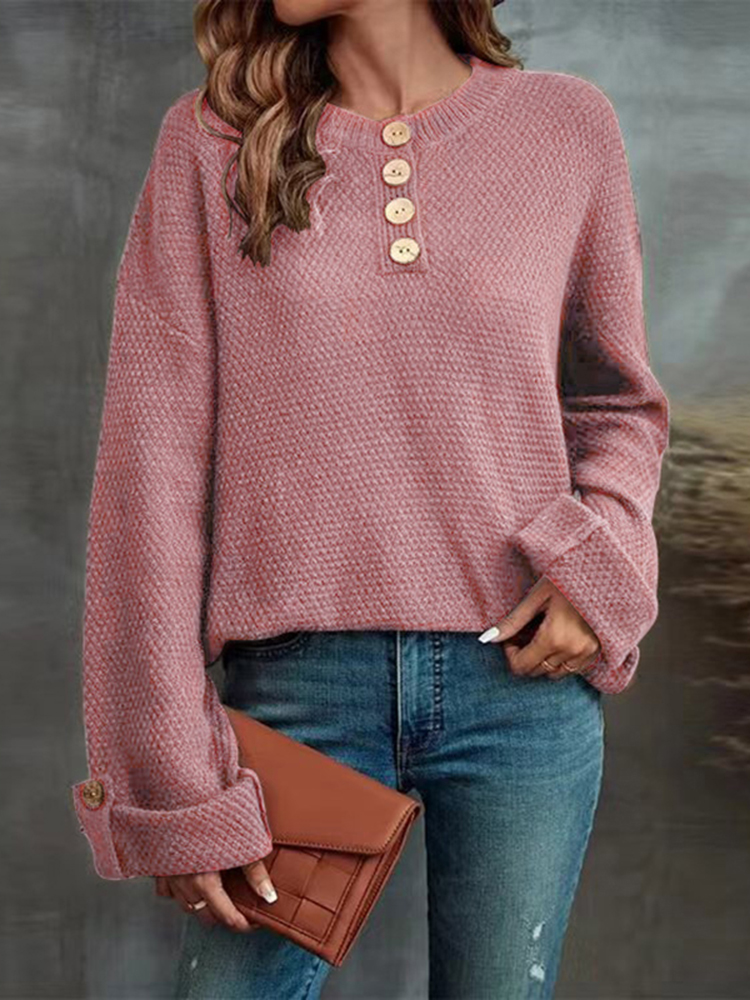 Vintage Solid Pullover Button Loose V-Neck Sweater-ABOXUN