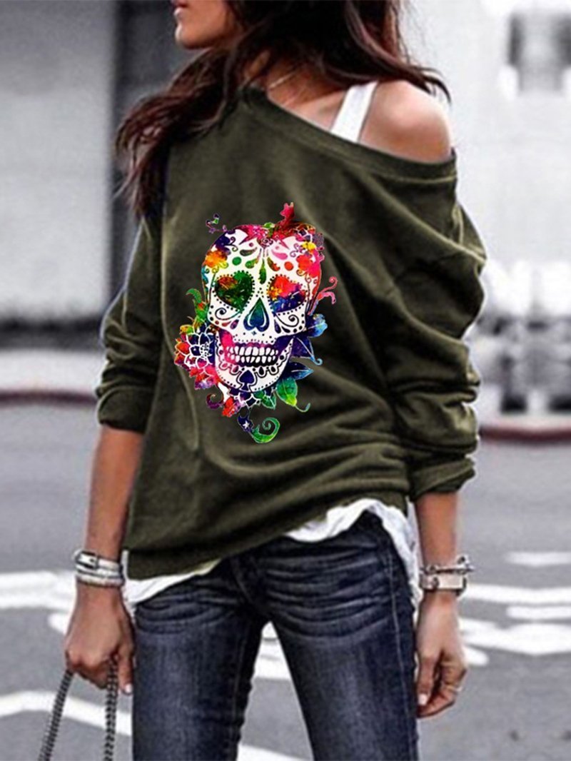 Round neck sweater women's skull print Halloween blouse-ABOXUN