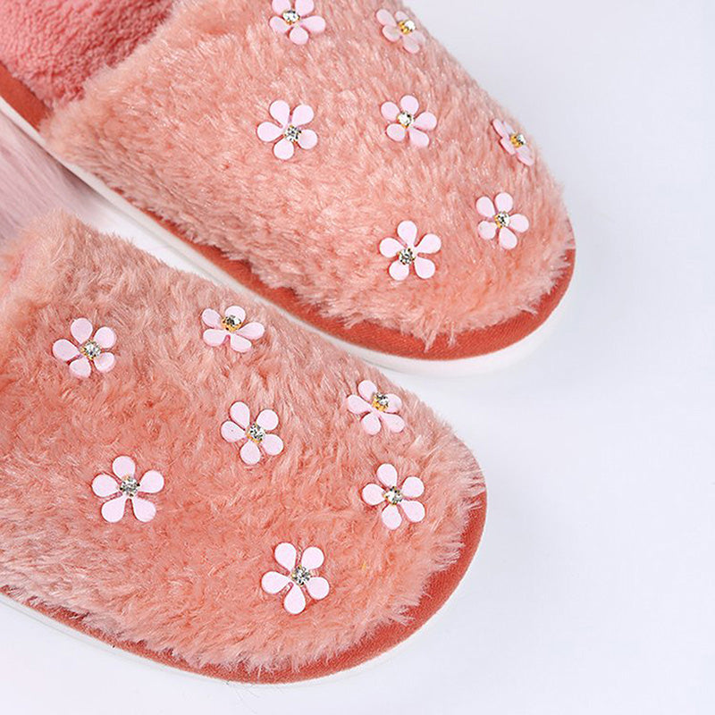 Rhinestone Flower Decorated Fluffy Closed Toe Flat Cotton Slippers-ABOXUN