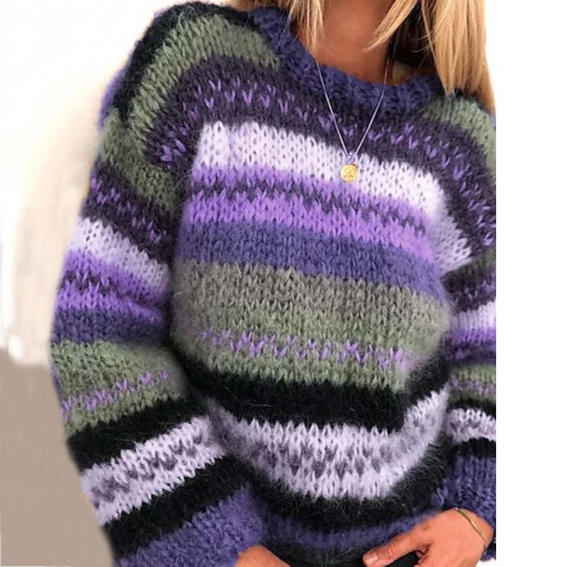 Vintage Rainbow Jacquard Long Sleeve Sweater-ABOXUN