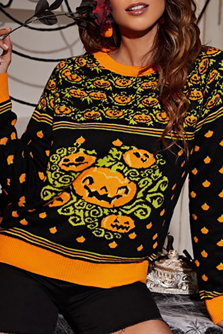 Crewneck Pumpkin Jacquard Halloween Sweater-ABOXUN