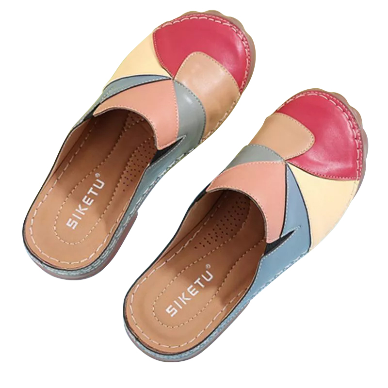 Women Comfortable Slip On Color Block Mules Slippers-ABOXUN