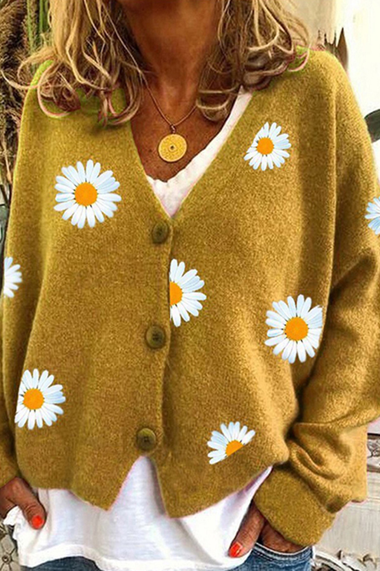 Vintage Single-Breasted Daisy Jacquard Sweater Cardigan-ABOXUN