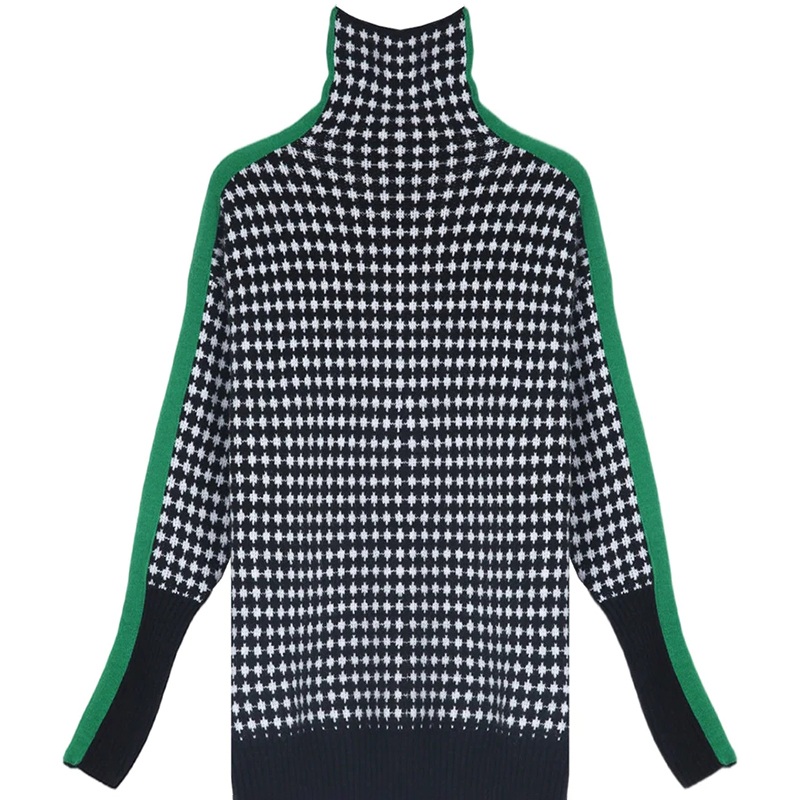 Green Stripe Black and White Diamond Print Sweater-ABOXUN