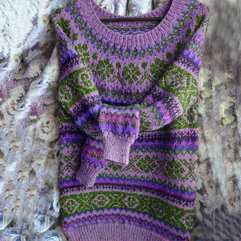 Vintage Crew Neck Long Sleeve Knit Loose Sweater-ABOXUN