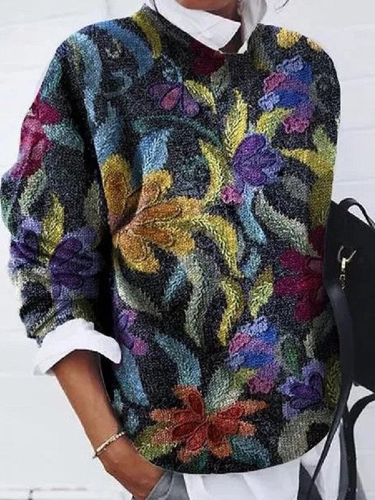 Vintage Milled Floral Print Loose Long Sleeve Top-ABOXUN