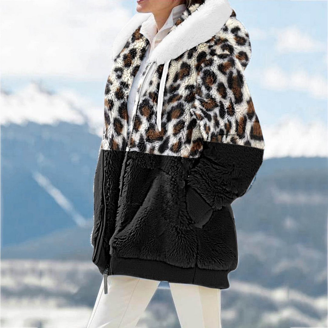 Casual Zipper Hoodie Color Block Zebra Teddy Jacket-ABOXUN