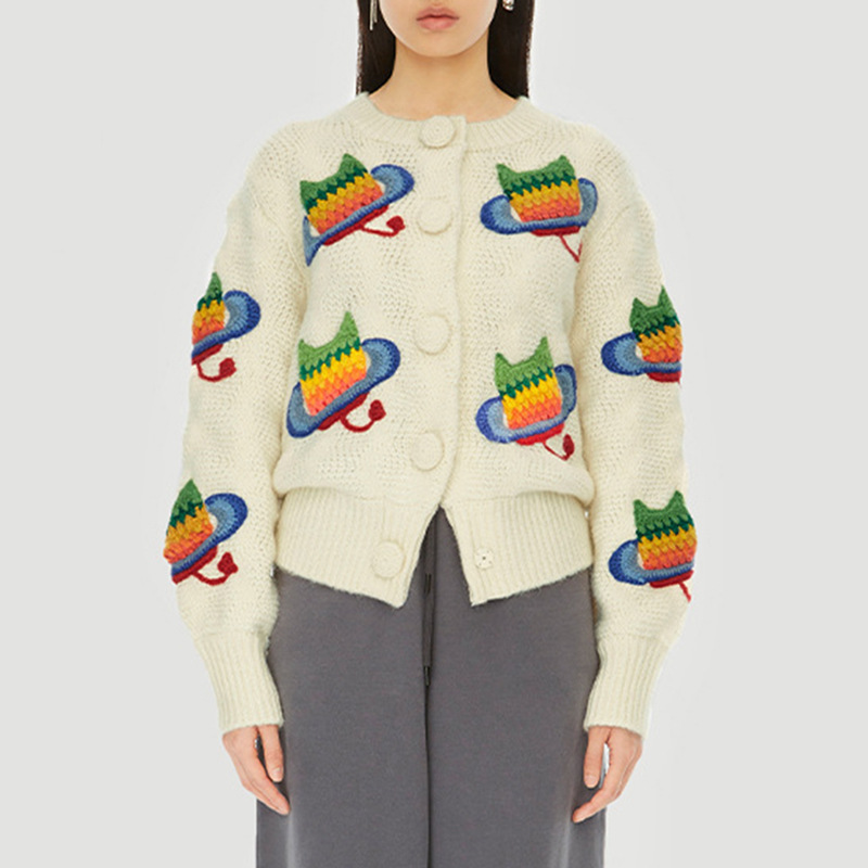 Embroidered Colorful Cat Knit Long Sleeve Cardigan-ABOXUN