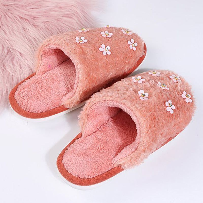 Rhinestone Flower Decorated Fluffy Closed Toe Flat Cotton Slippers-ABOXUN