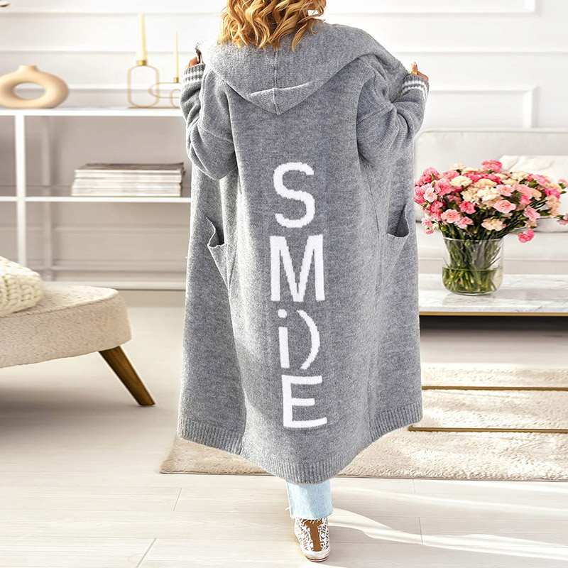 Letter Loose Casual Long Sleeve Hooded Sweater Cardigan-ABOXUN