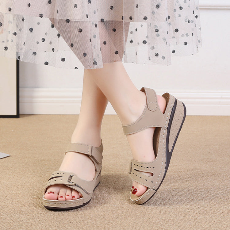 2022 New Casual Round Toe Velcro Mid Heel Women Wedge Sandals-ABOXUN