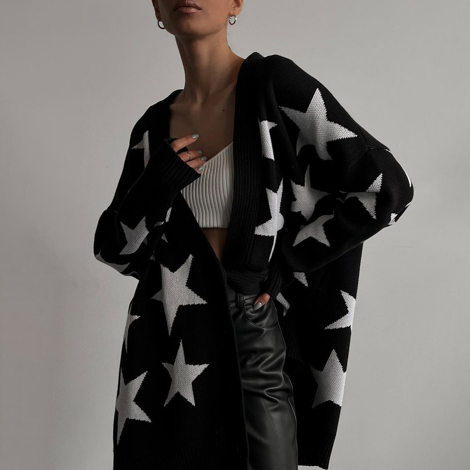Loose Star Long Sleeve Sweater Cardigan-ABOXUN