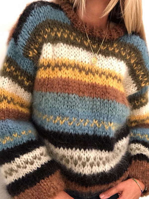 Vintage Rainbow Jacquard Long Sleeve Sweater-ABOXUN