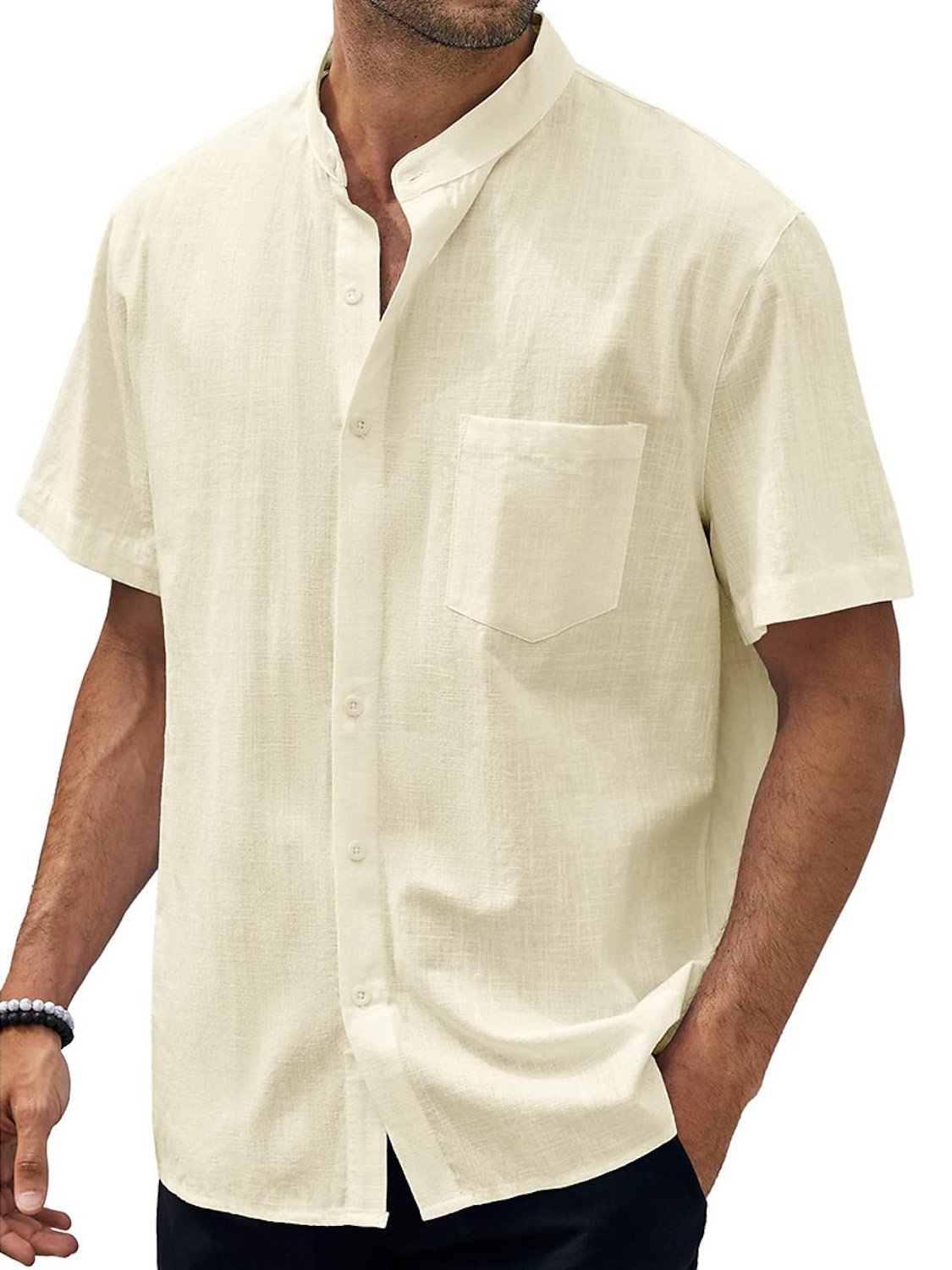 Men's Hawaiian Casual Beach Stand Collar Pocket Short Sleeves Shirt