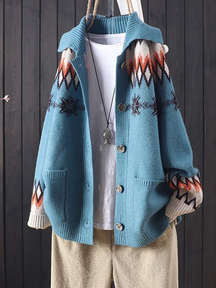 Vintage Icelandic Jacquard Sweater Lapel Cardigan-ABOXUN