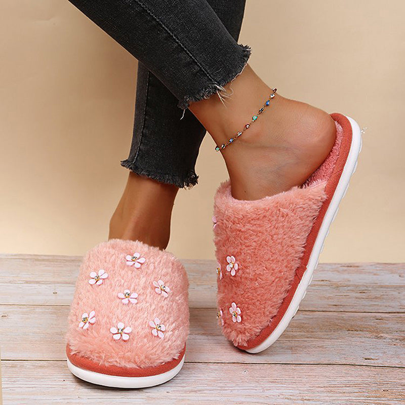 Rhinestone Flower Decorated Fluffy Closed Toe Flat Cotton Slippers-ABOXUN