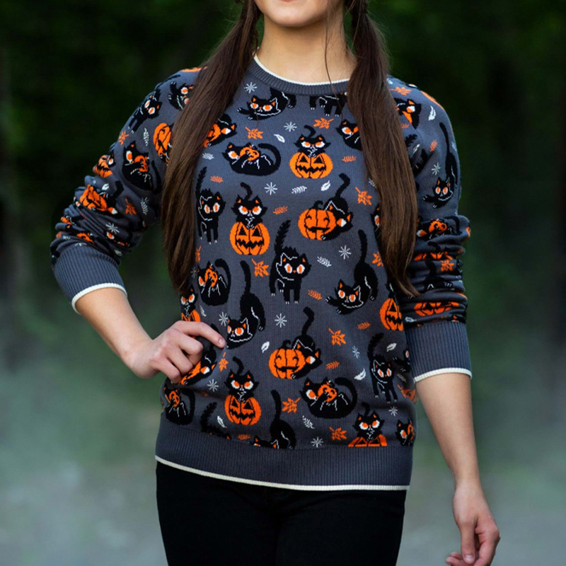 Halloween Cat Pumpkin Jacquard Sweater-ABOXUN