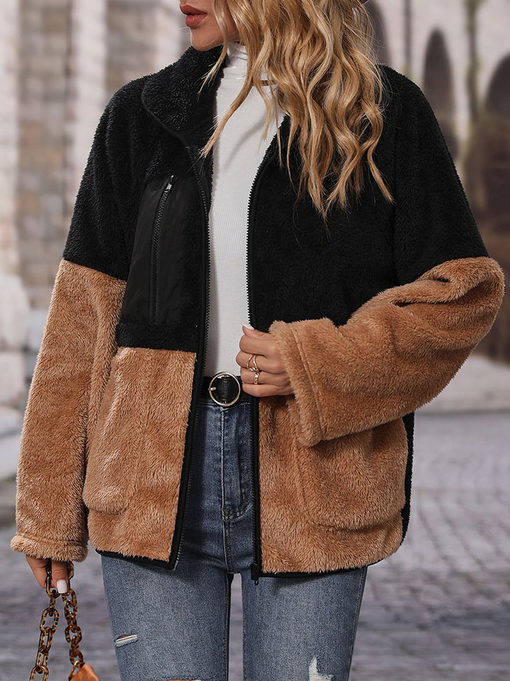 Loose colorblock zipper thickened double-sided fleece casual jacket-ABOXUN