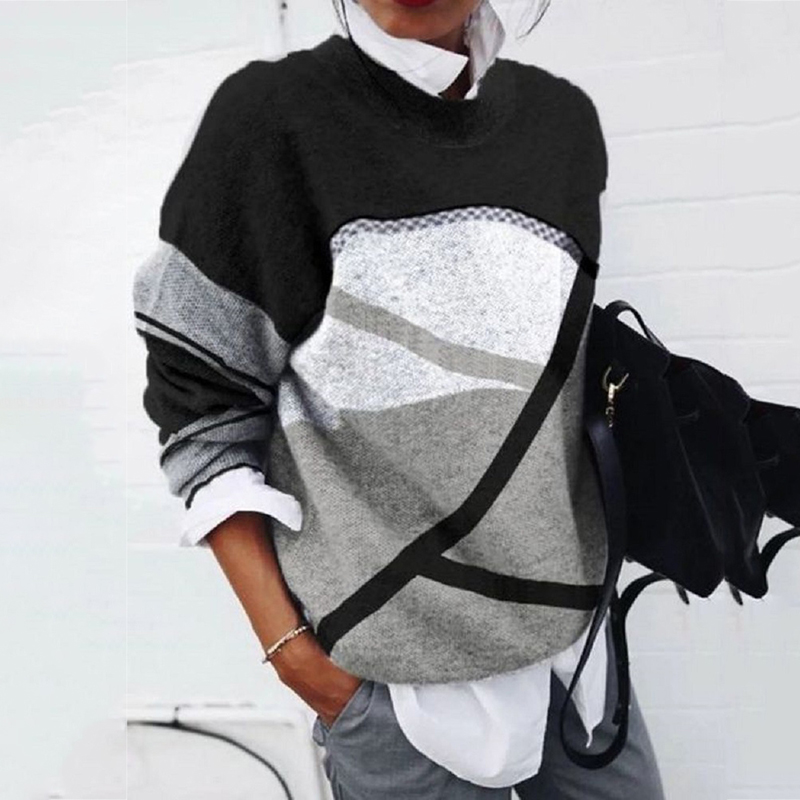 Fashion Geometric Print Loose Long Sleeve Top-ABOXUN