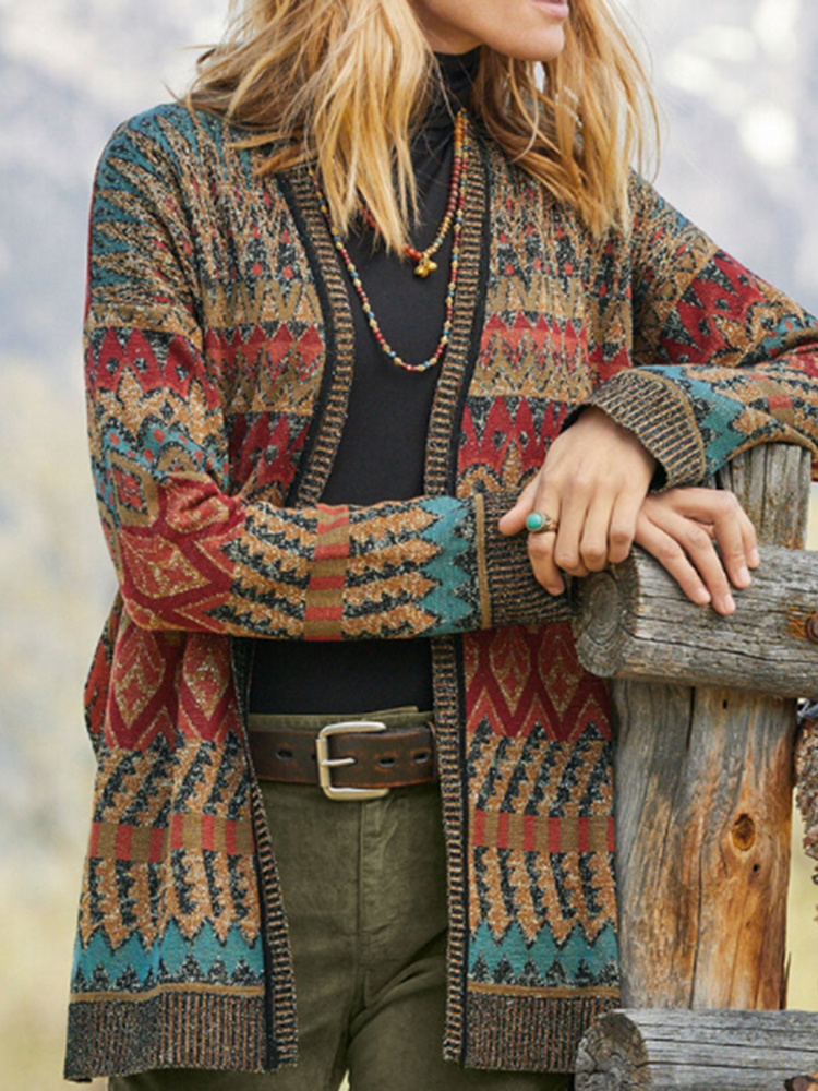 Vintage Ethnic Print Long Sleeve Sweater Cardigan-ABOXUN
