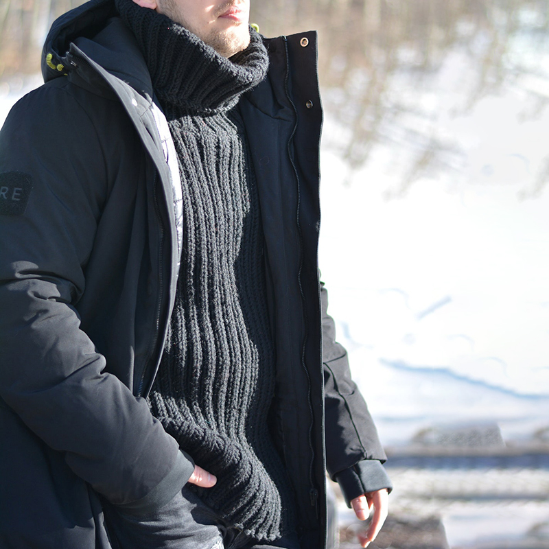 High Collar Solid Color Pit Strip Chunky Wool Sweater-ABOXUN