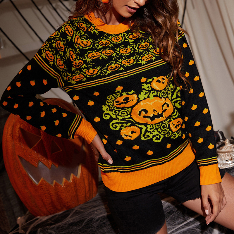 Crewneck Pumpkin Jacquard Halloween Sweater-ABOXUN