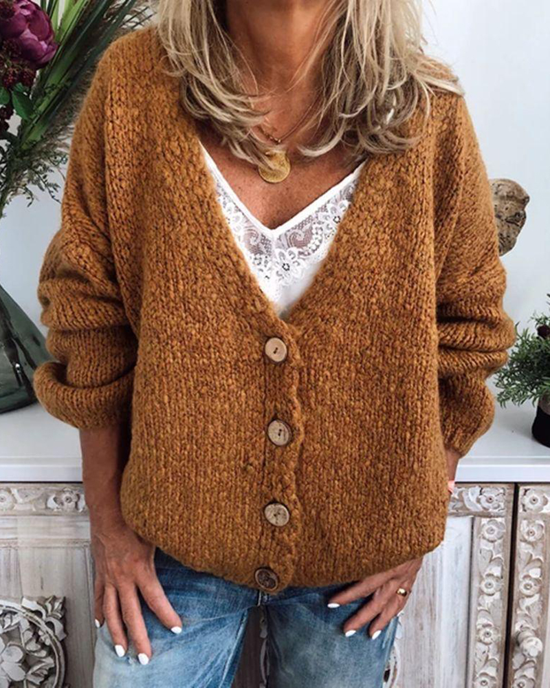 LOOSE CASUAL SINGLE BREASTED V-NECK KNITTED SWEATERS-ABOXUN