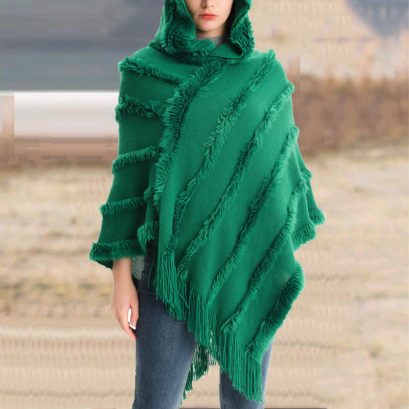 Vintage Solid Fringed Hooded Sweater Pullover Shawl-ABOXUN