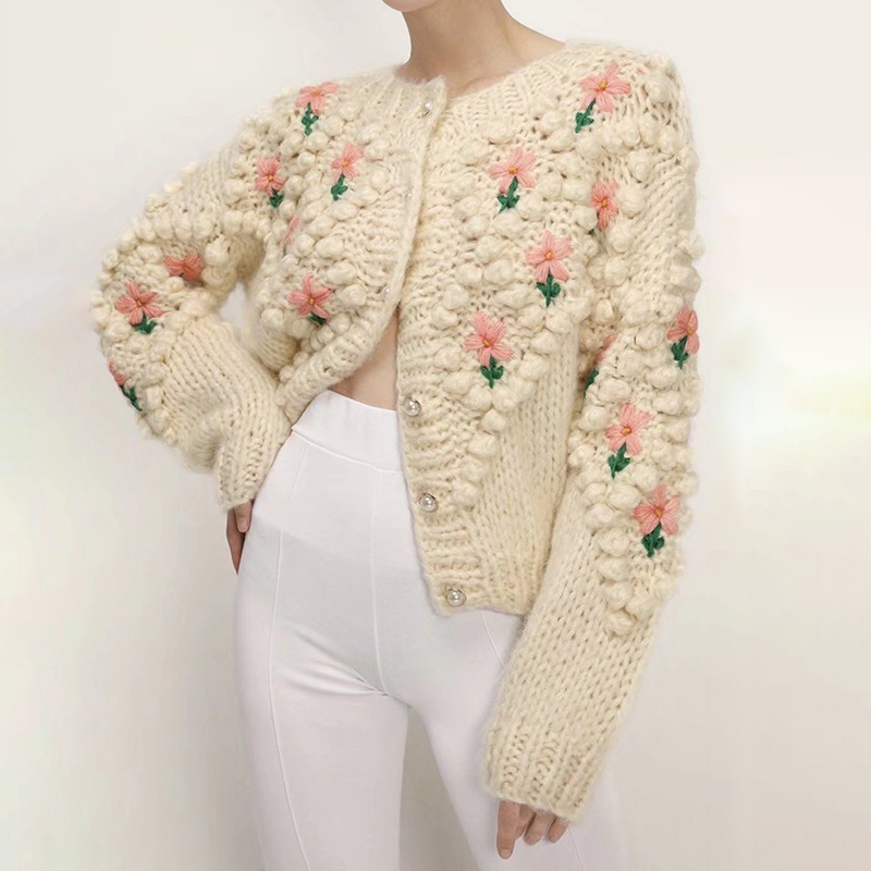 Chain Link Embroidered Floral Pearl Knit Cardigan-ABOXUN