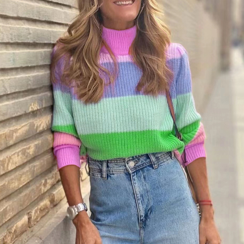 Contrast Turtleneck Long Sleeve Loose Sweater-ABOXUN