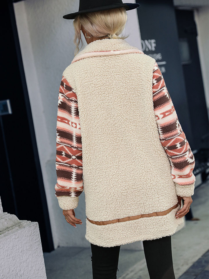 Colorblock Print Lapel Long Paneled Zip Plush Jacket-ABOXUN
