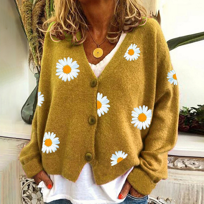 Vintage Single-Breasted Daisy Jacquard Sweater Cardigan-ABOXUN