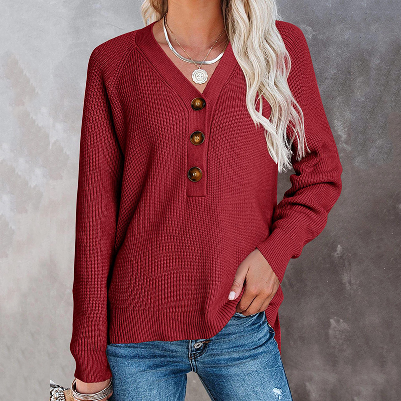Casual V Neck Long Sleeve Sweater-ABOXUN