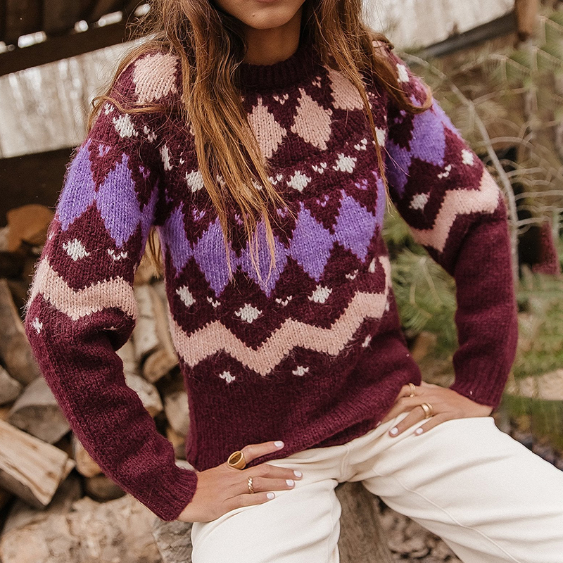 Fellman Island Geometric Contrast Loose Crewneck Sweater-ABOXUN