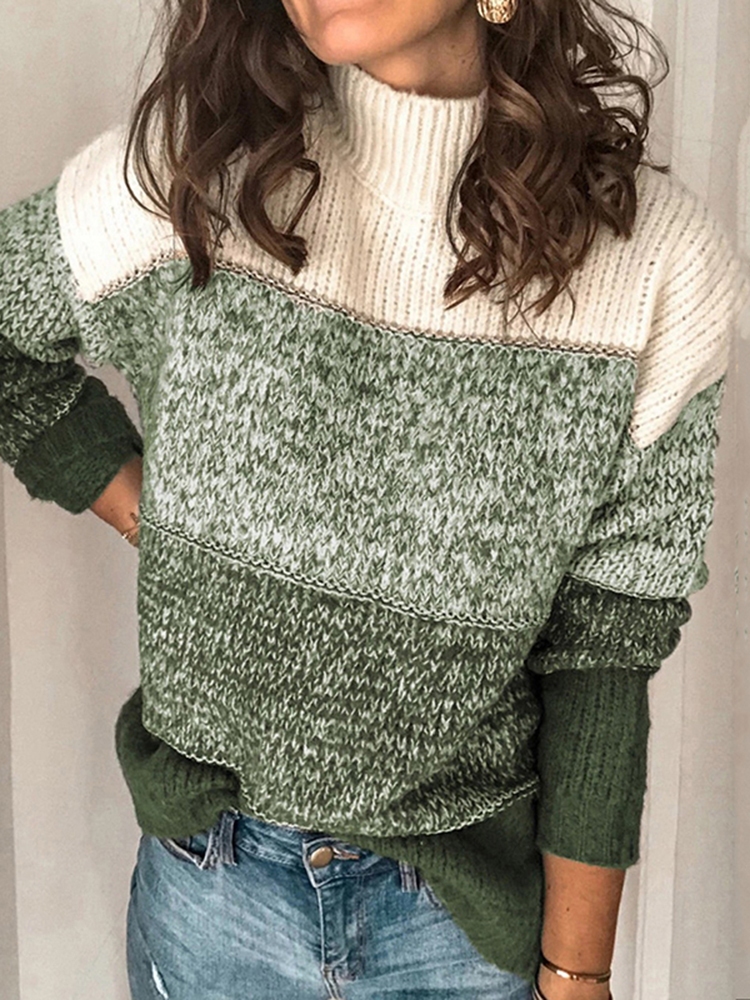 Casual Striped Panel Turtleneck Contrast Sweater-ABOXUN