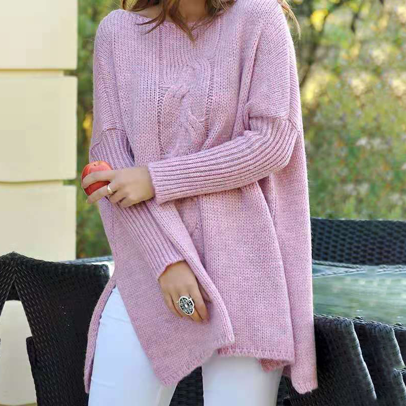 Crew Neck Loose Hem Slit Long Sleeve Knit Sweater-ABOXUN