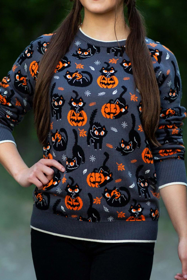 Halloween Cat Pumpkin Jacquard Sweater-ABOXUN