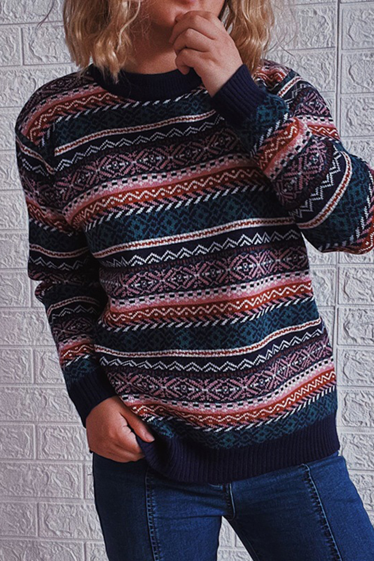 Vintage Ethnic Striped Crew Neck Long Sleeve Sweater-ABOXUN