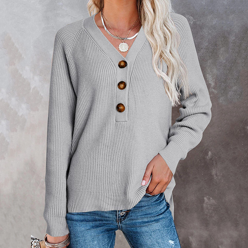 Casual V Neck Long Sleeve Sweater-ABOXUN