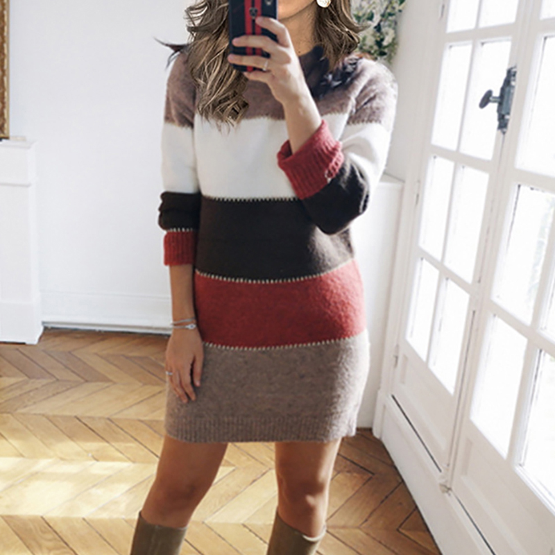 Casual Contrast Crewneck Sweater Mini Dress-ABOXUN