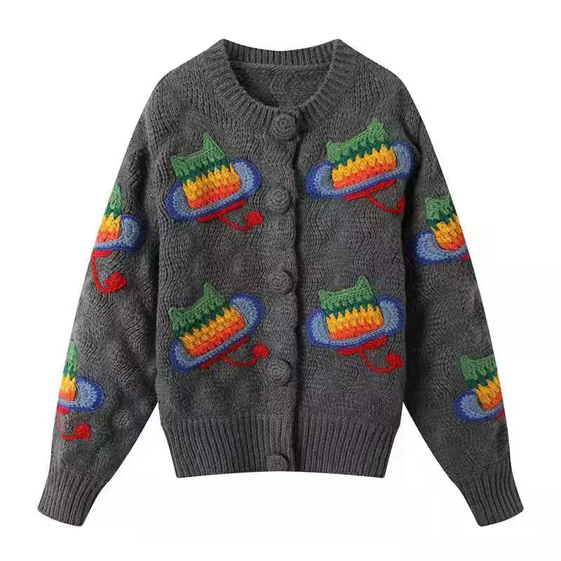 Embroidered Colorful Cat Knit Long Sleeve Cardigan-ABOXUN
