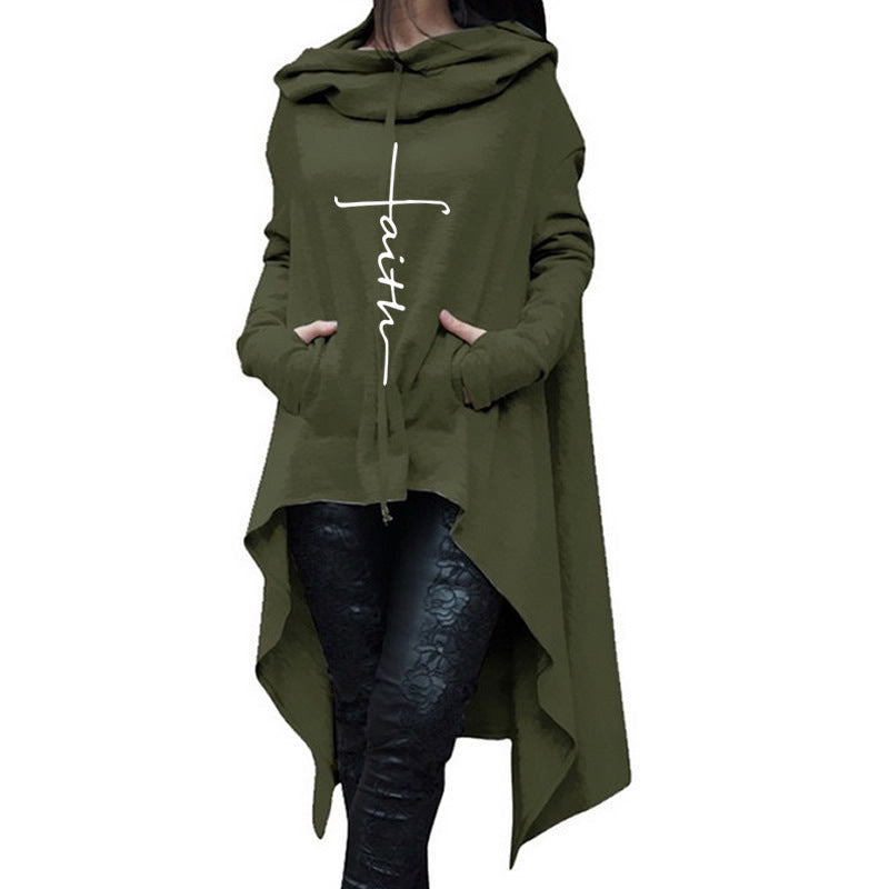 Solid Color Ladies Sweater Irregular Long Cloak with Hood Believe In God-ABOXUN