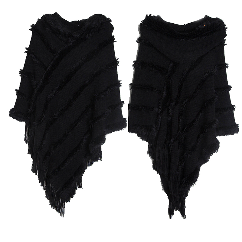 Vintage Solid Fringed Hooded Sweater Pullover Shawl-ABOXUN